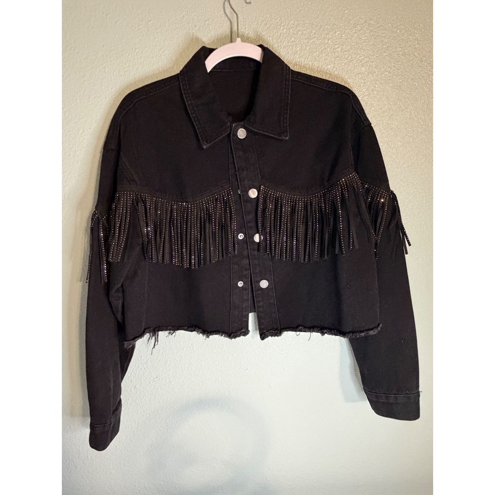 Black Rhinestone Fringe Cropped Denim Jacket Western Raw Hem Small